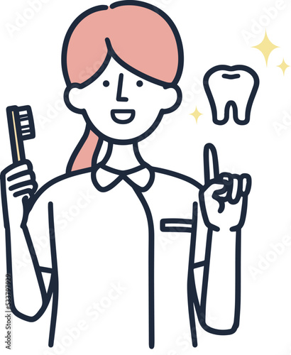 歯医者　笑顔で説明する女性　シンプルイラスト