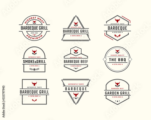 Vintage Retro Badge Emblem Rustic BBQ Grill Barbecue, Barbeque Label Stamp Logo Design Linear Style