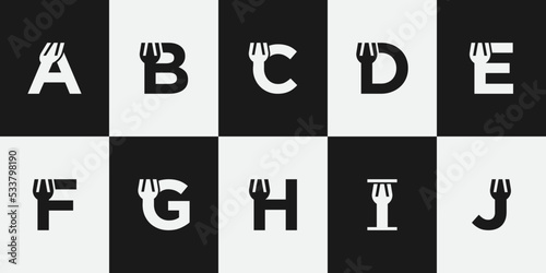 A to J Letter Kitchen and fork Logo Design Template Inspiration, Vector Illustration.