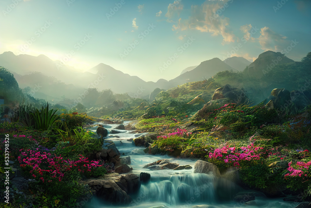 Beautiful River Mountain Forest. Sun Flower Riverbank. Fantasy Backdrop