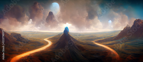 Fantasy mountain landscape with path ways. 3D illustration