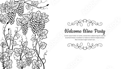 Banner welcome wine tasting party. Vintage advertisement poster template card with sketch grapes. Retro design winemaking bar, craft monochrome background. Restaurant alcohol menu, invitation flyer