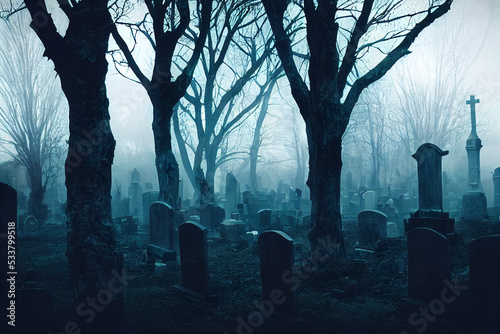 Creepy foggy graveyard, spooky tombstones