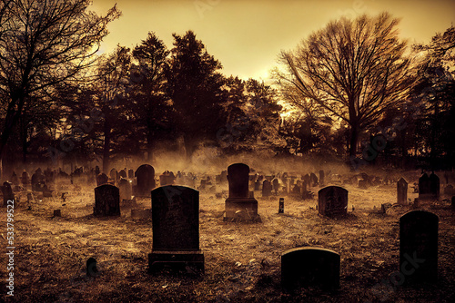 Creepy foggy graveyard, spooky tombstones photo