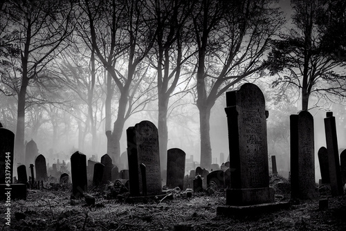 Εκτύπωση καμβά Creepy foggy graveyard, spooky tombstones