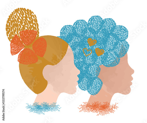 diversity people - gay lesbian couple face illustration vector - side by side - white woman and blue hair - white woman and blonde hair