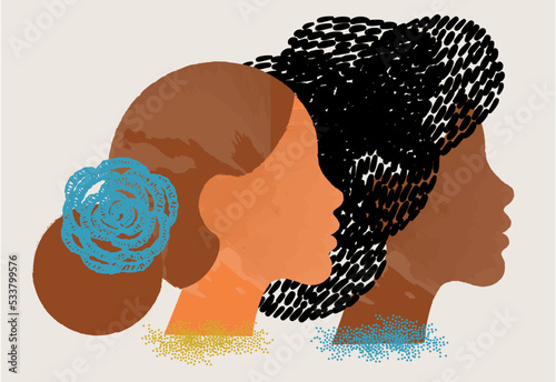 diversity people - gay lesbian couple face illustration vector - side by side - latin woman and brown hair - black woman and black hair