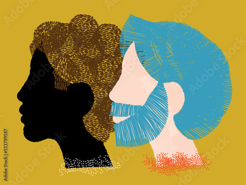 diversity people - interracial gay couple face illustration vector - side by side - white man and blue hair - black man and brown hair