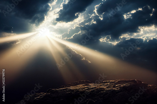 Light breaking through clouds, beautiful landscape