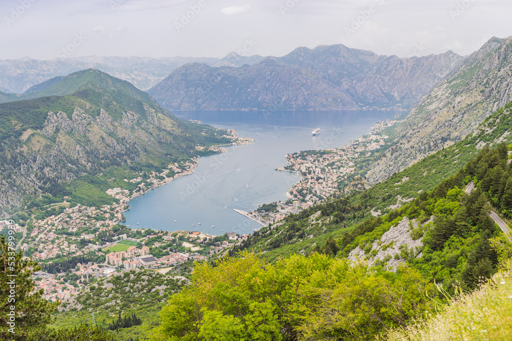 Beautiful nature mountains landscape. Kotor bay, Montenegro. Views of the Boka Bay, with the cities of Kotor and Tivat with the top of the mountain, Montenegro
