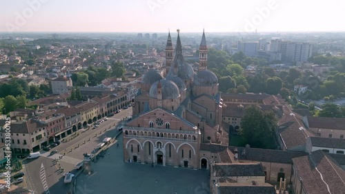 Basilica of Saint Anthony (Sant'Antonio) in the city center of Padua, Italy. The famous and impressive Roman Catholic church in Veneto, Northern Italy during a beautiful sunset with blue sky. 4K.