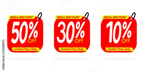 Big discount sticker label set. Discount labels with 30, 10, 50 percent off. Markdown with different discount amounts. Discount sale label vector illustration
