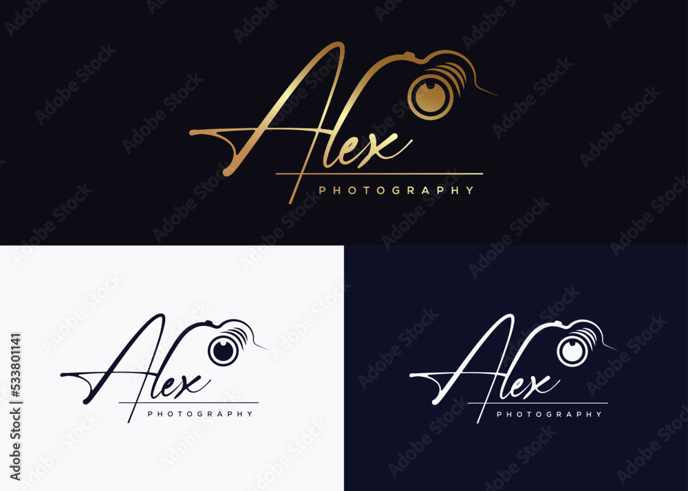 Alex signature camera icon photography logo template. - obrazy, fototapety, plakaty 