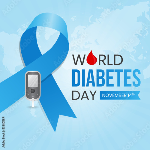 World Diabetes Day November 14th with blue ribbon and glucose meter illustration