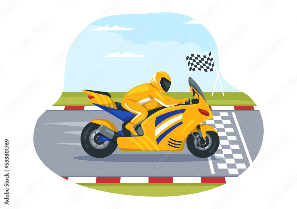 Naklejka premium Racing Motosport Speed Bike Template Hand Drawn Cartoon Flat Illustration for Competition or Championship Race by Wearing Sportswear and Equipment