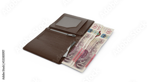 3D rendering of British pound notes in wallet photo
