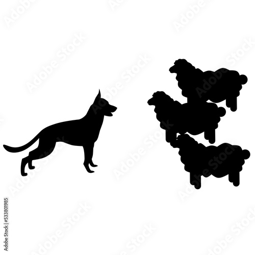 German Shepherd Dog silhouette vector illustration. Dog herding sheep. Isolated on a white background