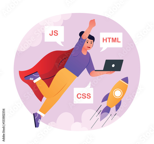 Advanced computer skills. IIT specialist writes code with laptop. Young girl learning to be programmer, learning various programming languages. Selfdevelopment. Cartoon flat vector illustration
