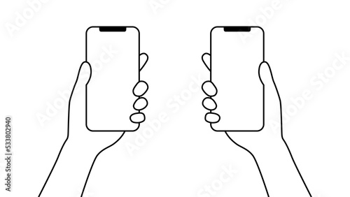 スマートフォンを持った左右の手、白背景