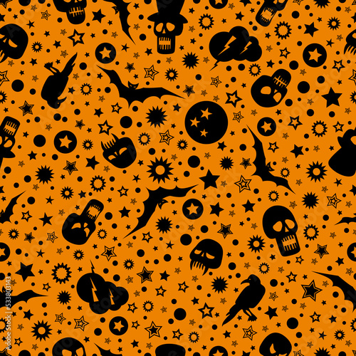 Seamless background with halloween elements on orange color background.