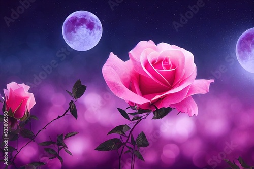 Obraz na plátně Blooming pink rose flowers in fabulous night mystical garden on mysterious fairy