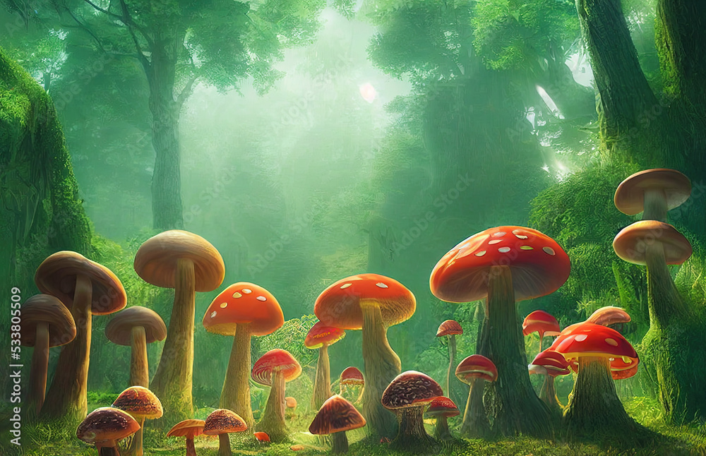 Fantastic Colorful Mushroom Forest in Mystery Mountain. Fantasy
