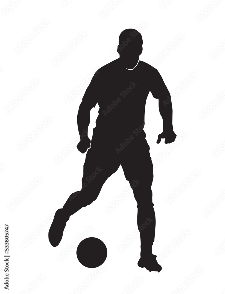 Male football. silhouette of athlete soccer players with ball in motion, action isolated on white background.