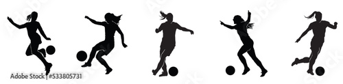 Female football set. silhouette of athlete soccer players with ball in motion, action isolated on white background.