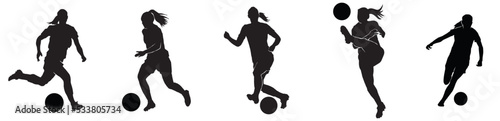 Female football set. silhouette of athlete soccer players with ball in motion  action isolated on white background.