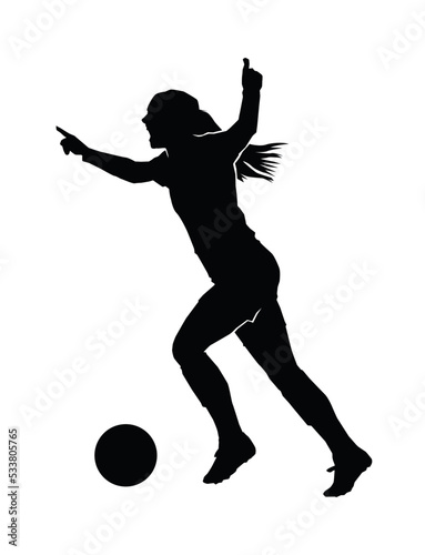 Female football. silhouette of athlete soccer players with ball in motion, action isolated on white background.