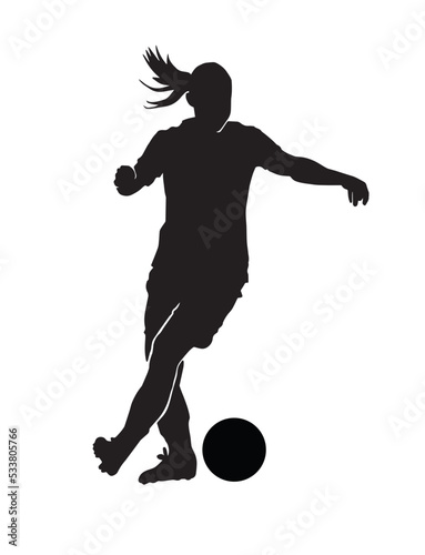 Female football. silhouette of athlete soccer players with ball in motion, action isolated on white background.