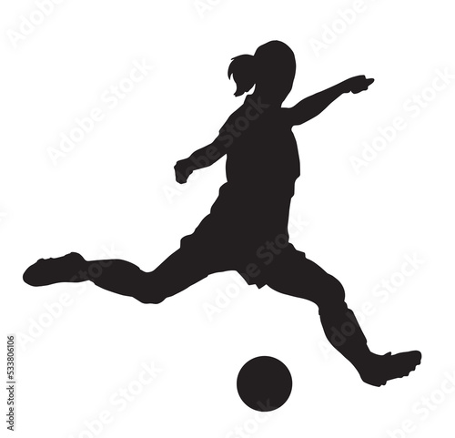 Female football. silhouette of athlete soccer players with ball in motion, action isolated on white background.