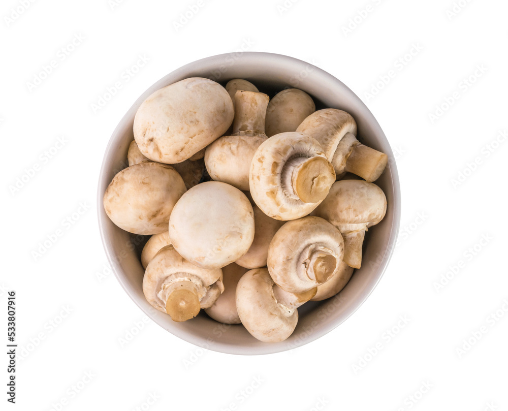 A bowl with fresh mushrooms isolated on a white background.