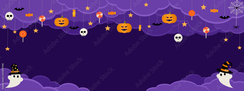Happy Halloween banner vector illustration, dark night sky witch purple clouds, cute ghost wear witch hat, pumpkins, spooky skull, spider web, candy, black bat and star, Autumn holiday celebration.