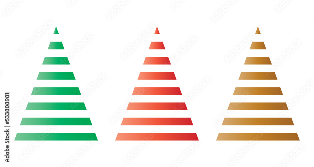 Set of three minimal Christmas tree designs from horizontal stripy triangles in gradient colors of green, red and gold for Xmas card or labels.