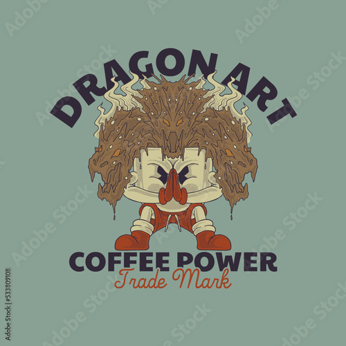 Cartoon emblem of dragon coffee mascot with retro style