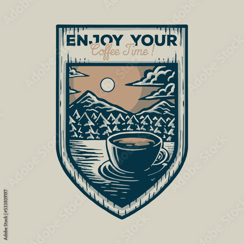 Shield shaped emblem of coffee cup in the pine forest