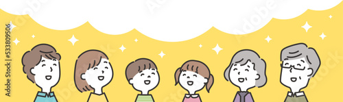 笑顔の三世代の家族のイラスト 背景フレーム素材　線画タッチ