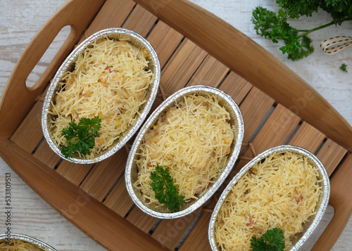 Home-baked schotel macaroni or schaal macaroni. Italian food. Selective Focus. 
