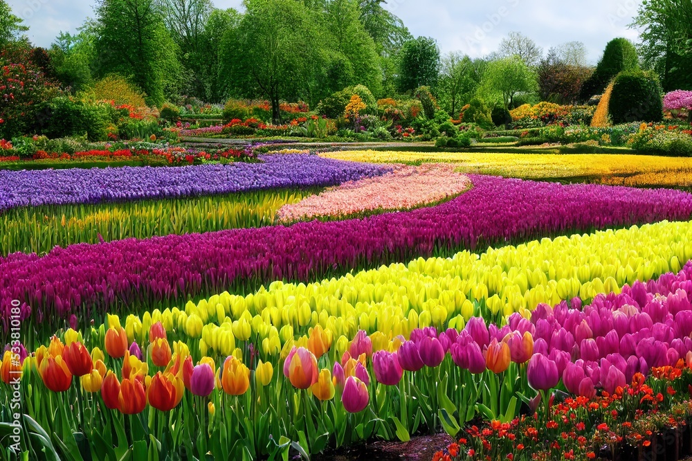 Colorful river and flowerbed in dutch garden Holland High quality 2d illustration