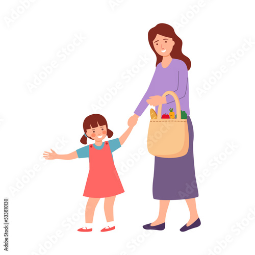 Mother and child holding hands walking together in flat design on white background.