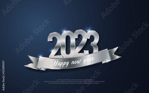 Happy New Year 2023. metal number and ribbon on bule gradient background.