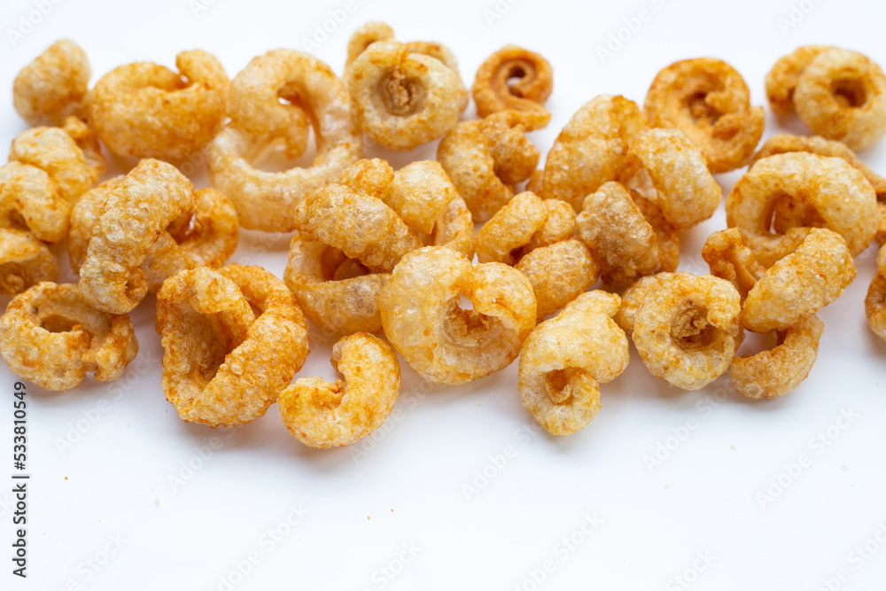 Crispy pork rinds or pork snack.