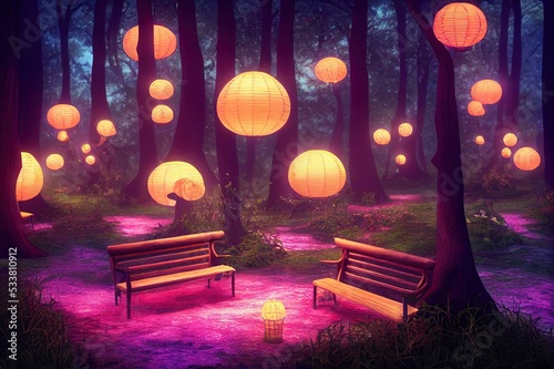 Enchanting fairy lounge bench in a deep magical forest illuminated by lanterns, 3d render.