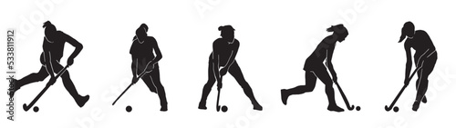 Set of female field hockey athlete silhouette