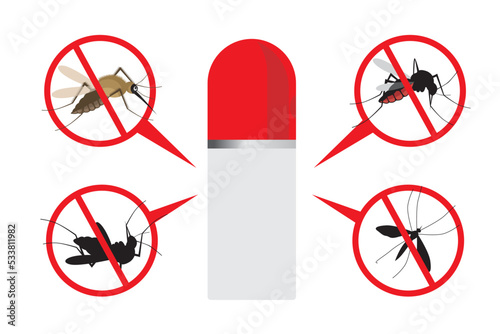Mosquito vector. Mosquito spray. Malaria plague insect illustration
