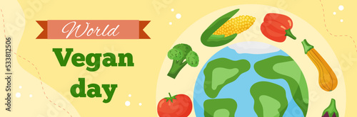 Vector horizontal template banner World Vegan Day. Greeting card illustration with vegetable of organic food and healthy diet. Flyer for event and social media.