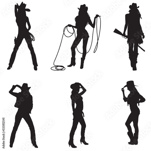 Set of beautiful cowgirl silhouette on white background