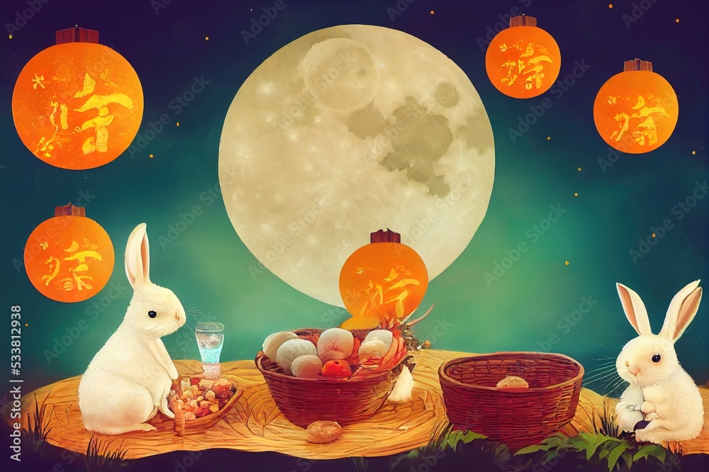 Mid Autumn Festival banner. Moon rabbits picnicking outdoor, eating