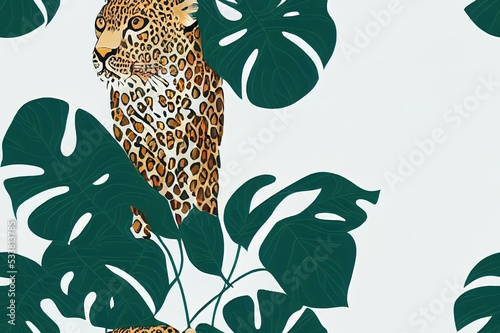 Seamless pattern of hand drawn sketch style portrait of leopard with tropical plants isolated on white background. 2d illustration.